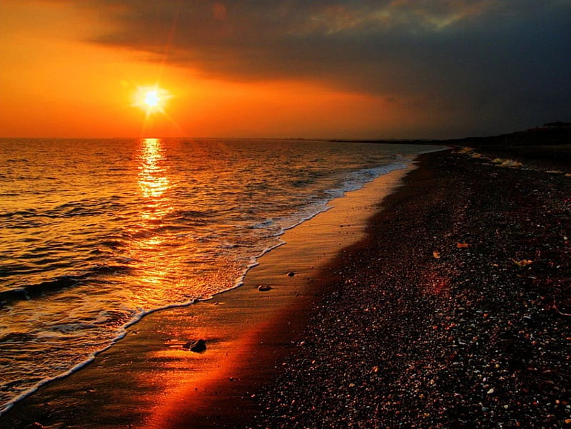 Sunset glow, pretty, glow, shore, orange, bonito, sunset, sea, nice ...