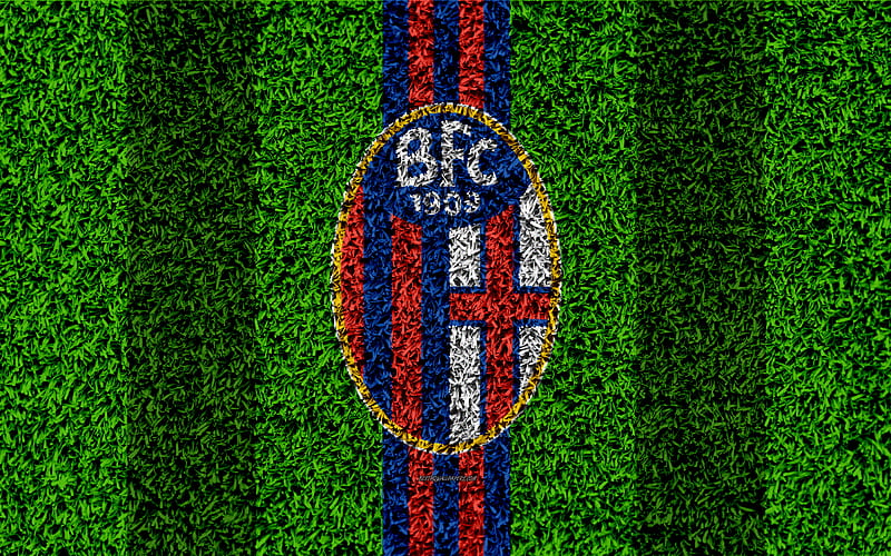 Bologna FC logo, football lawn, Italian football club, blue red lines, emblem, grass texture, Serie A, Bologna, Italy, football, HD wallpaper