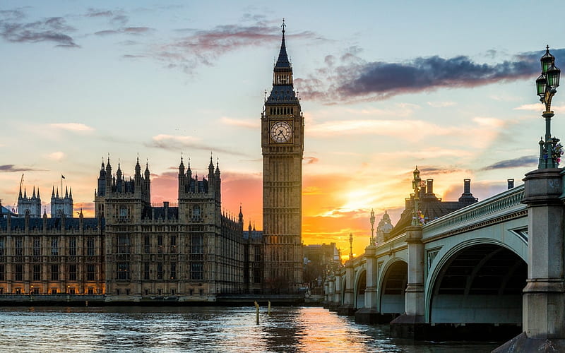 Big Ben, London, sunset, old chapel, Thames, Westminster Bridge, United Kingdom, London landmarks, Westminster Palace, HD wallpaper