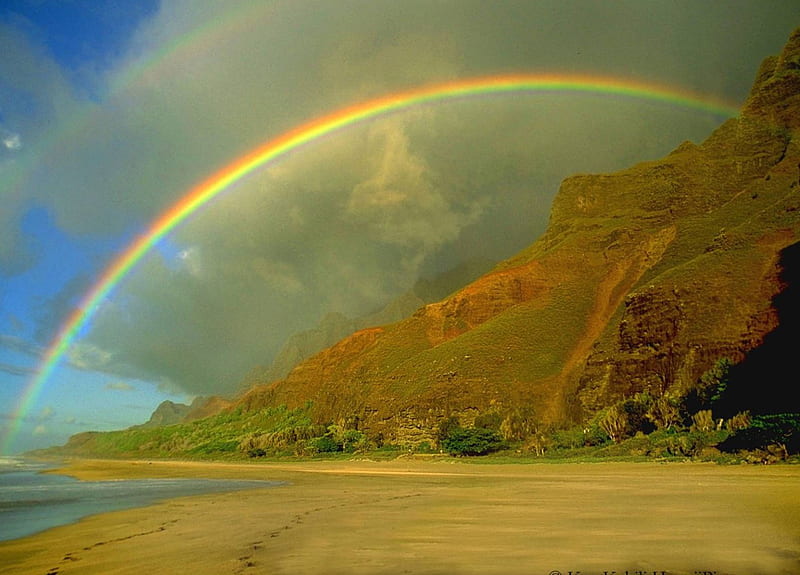 Over the Rainbow, beach, mountains, ocean, rainbow, clouds, HD wallpaper