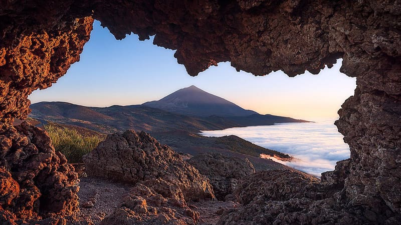 Mount Teide volcano seen from within a rock arch, Tenerife, fog, rocks, spain, sea, island, landscape, HD wallpaper