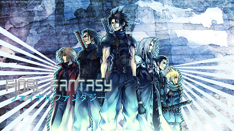 Crisis Core, ff7, ffvii, games, zack fair, final fantasy 7, video games, tsung, spiky hair, final fantasy, long hair, sephiroth, swords, cloud, genesis, angeal, soldiers, final fantasy vii, weapons, trench coat, cloud strife, blue background, zack, HD wallpaper