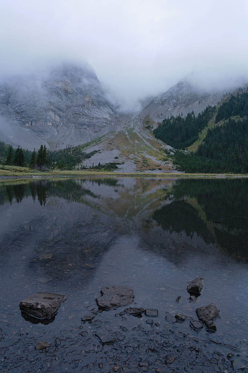 mountains, lake, fog, stones, trees, HD phone wallpaper
