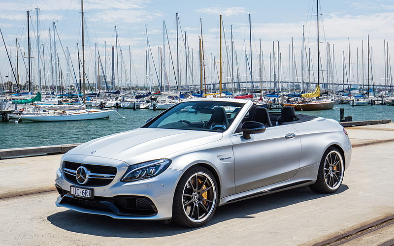 Mercedes-AMG C63S Cabriolet, 2019, Mercedes-Benz C-Class silver cabriolet, yachts, boats, luxury car, Mercedes, HD wallpaper