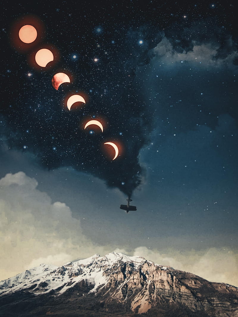 Moon Smoke, GEN_Z__, accident, air, black, blue, brown, clouds, collage, cosmos, crescent moon, danger, digital, digital-manipulation, full moon, galaxy, looping, lunar phase, mountains, nature, manipulation, pilot, planets, poetic, sky, snow, space, stars, universe, white, HD phone wallpaper