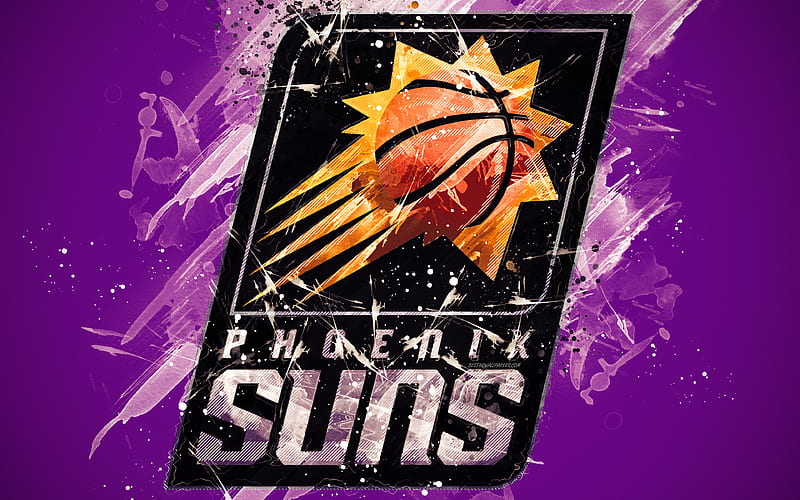 Phoenix Suns grunge art, logo, american basketball club, purple grunge background, paint splashes, NBA, emblem, Phoenix, Arizona, USA, basketball, Western Conference, National Basketball Association, HD wallpaper