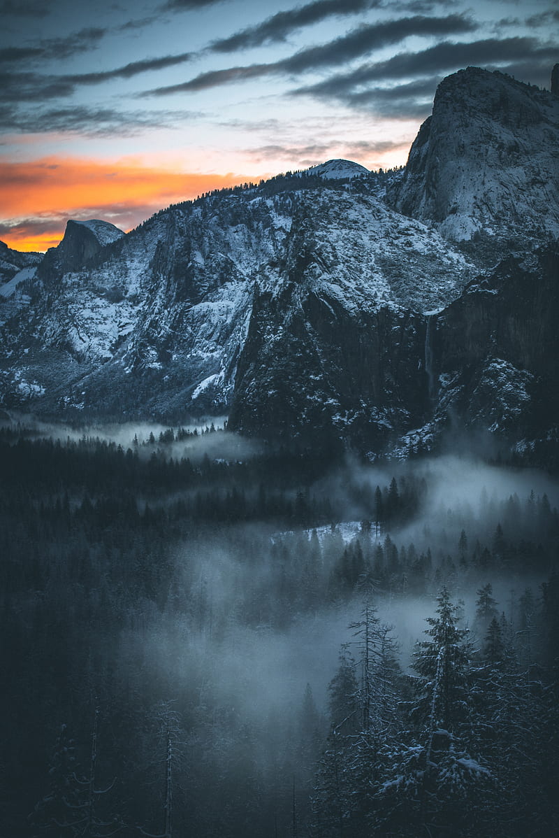 mountains, snow, snowy, fog, sunset, sky, HD phone wallpaper