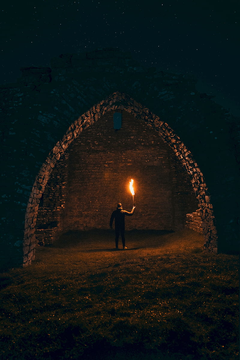 man, torch, night, arch, structure, HD phone wallpaper