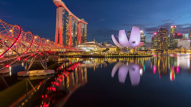 Building Marina Bay Sands During Nighttime With Reflection Travel, HD wallpaper