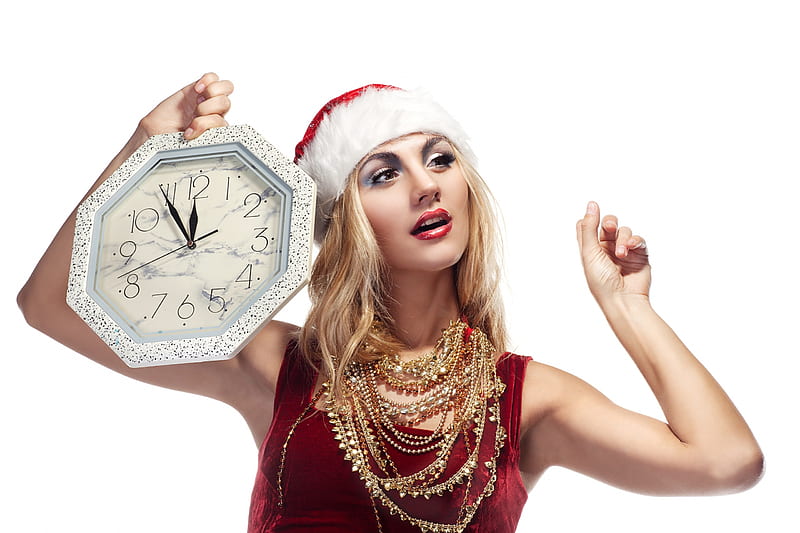 Happy New Year!, red, craciun, model, christmas, clock, new year, woman, girl, white, HD wallpaper
