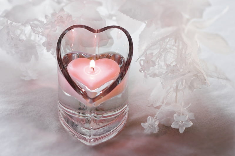 Heart Glass, candle, romantic, romance, lace, bonito, glass, graphy, love, heart, white, pink, HD wallpaper