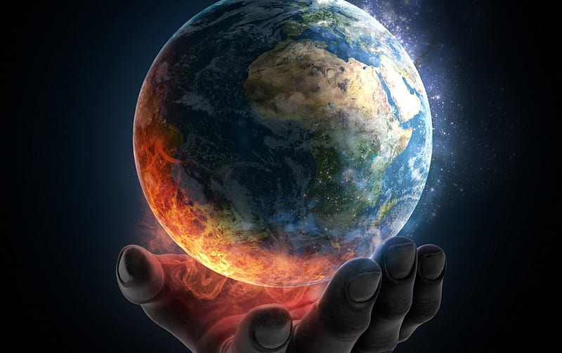 Earth in our hands, fire, fantasy, planet, dark, black, hand, earth, blue, HD wallpaper