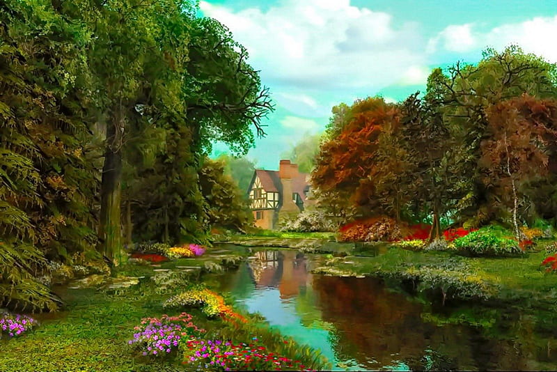 English country garden, stream, pretty, colorful, house, grass, cottage, bonito, countryside, nice, painting, village, flowers, beauty, river, reflection, amazing, forest, calmness, lovely, greenery, park, creek, country, sky, trees, water, serenity, paradise, summer, garden, HD wallpaper