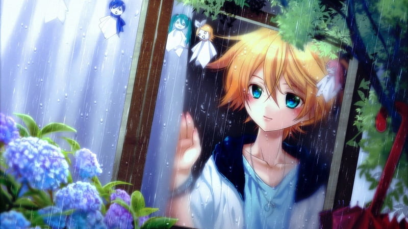 Len Kagamine, nic, kawaiii, male, window, Lovely, blush, bloonde hair, nice, Vocaloid, anime, raining, blue eyes, HD wallpaper