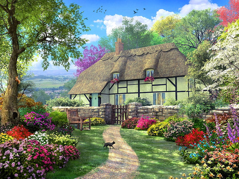 Dreamy Cottage, house, painting, garden, flowers, path, trees, cat, artwork, HD wallpaper