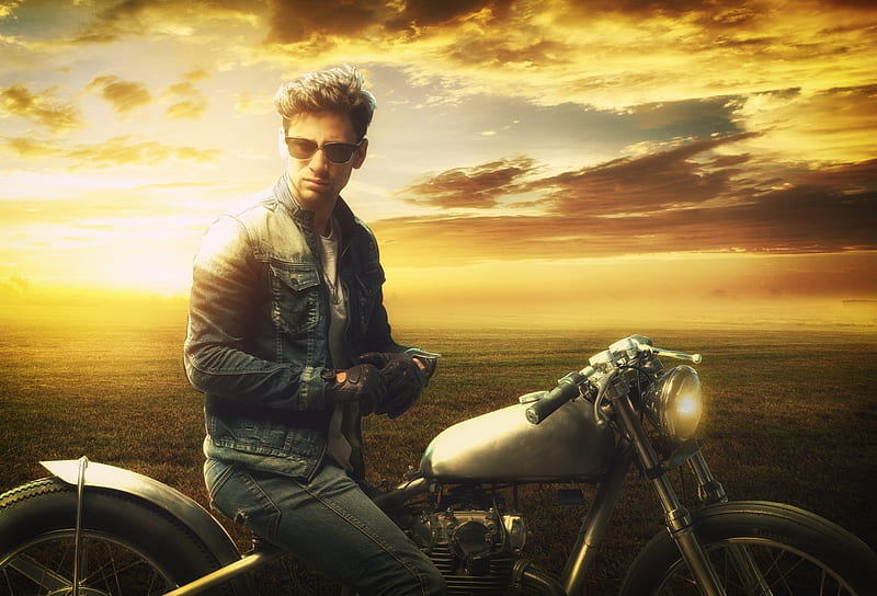 Cool Cowboy on his Bike, Jacket, Sunset, Sunglasses, Male, Blouds, Plains, Golden, Bike, Jeans, Cool Dude, Man, Sun, HD wallpaper