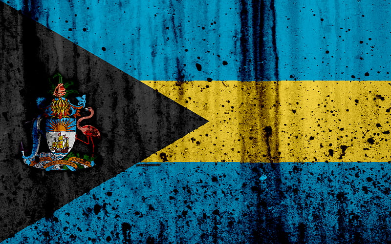 Bahamian flag grunge, North America, flag of Bahamas, national symbols, Bahamas, coat of arms Bahamas, Bahamian national emblem, HD wallpaper