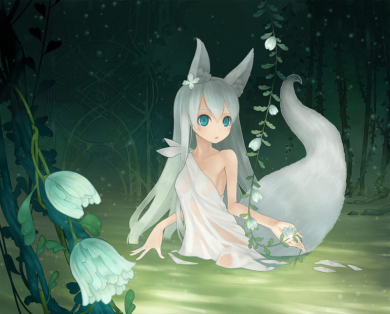 Cute white anime fox with blue eyes