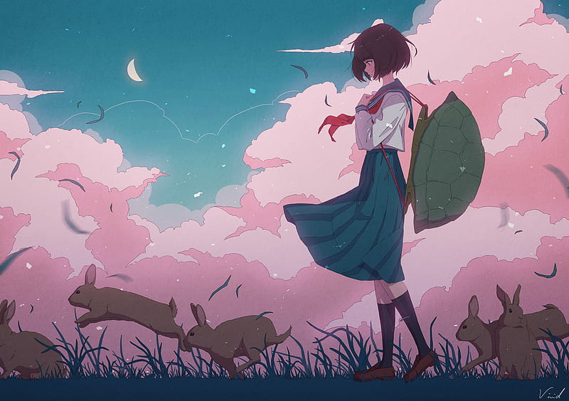 anime school girl, wind, crescent, artwork, rabbits, profile view, Anime, HD wallpaper