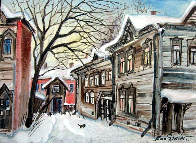 Busygin A. Old Kazan, art, busygin a, painting, street, winter, HD wallpaper