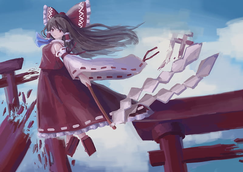 Hakurei reimu, ribbon, brown hair, shrine, torii, touhou, Anime, HD ...