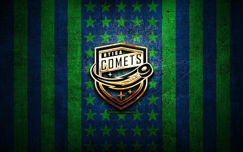 Utica Comets flag, AHL, blue green metal background, american hockey team, Utica Comets logo, USA, hockey, golden logo, Utica Comets, HD wallpaper