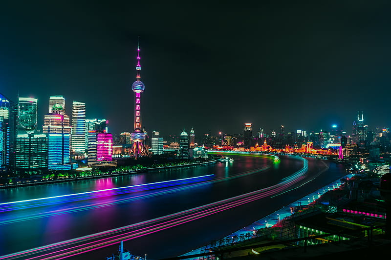 city, river, night, panorama, city lights, long exposure, HD wallpaper