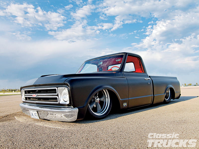 Chevy 67, gm, red inteior, chevy, low, truck, HD wallpaper