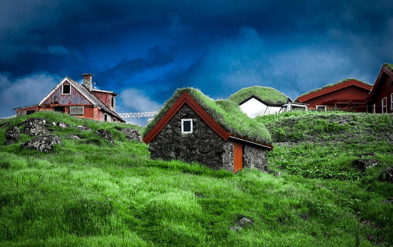 old village on a faroe island, village, sky, hill, grass, HD wallpaper
