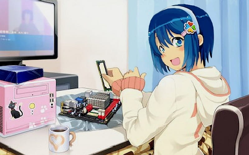 Madobe Nanami, art, lovely, blush, short hair, kawaii, cool, blue hair, anime, computer, fixing, anime girl, HD wallpaper