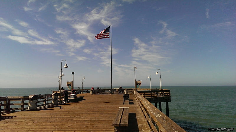 Old Glory on the Ventura Pier, Sky, Ocean, Water, California, Old Glory, United Staes, Ventura, Pier, Flag, HD wallpaper