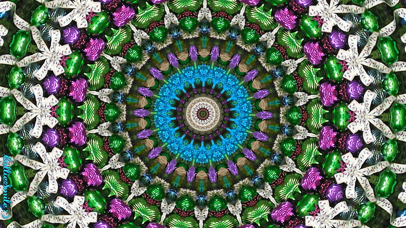 Christmas Tree Abstract, violet, bows, ribbons, ornaments, Christmas Tree, turquoise blue, laces, noe1, kaleidoscopes too1, kaleidoscope, green, purple, HD wallpaper