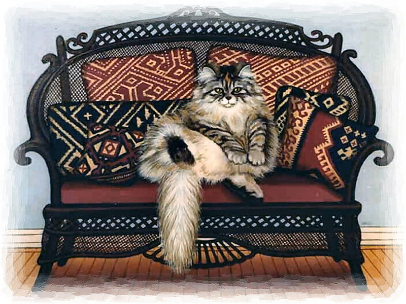 Cleopatra - Cat F1, sue wall, art, rattan, cat, wall, artwork, animal, pet, feline, painting, main coon, HD wallpaper