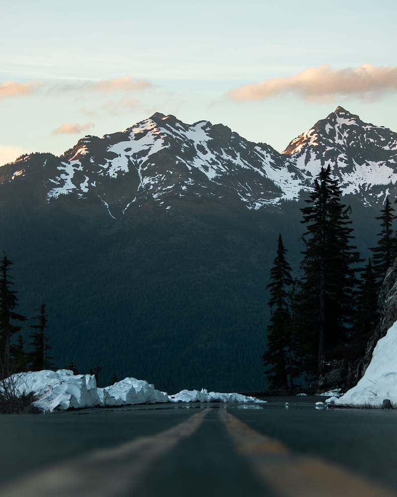mountain, peak, snow, road, landscape, HD phone wallpaper