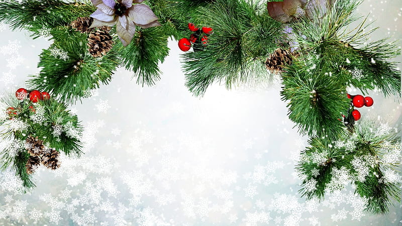 Winter Glories, Christmas, Feliz Navidad, cones, winter, pine, boughs, berries, snowflakes, flower, fir, poinsettia, Firefox Persona theme, HD wallpaper
