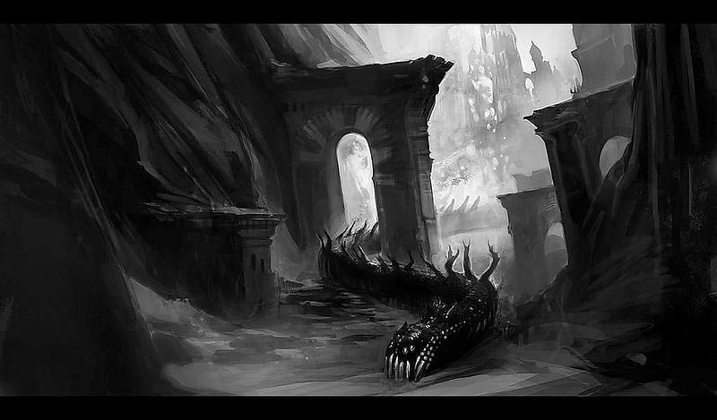 Ruines Monolithes, dark, black and white, dragon, adventure, snake, HD wallpaper