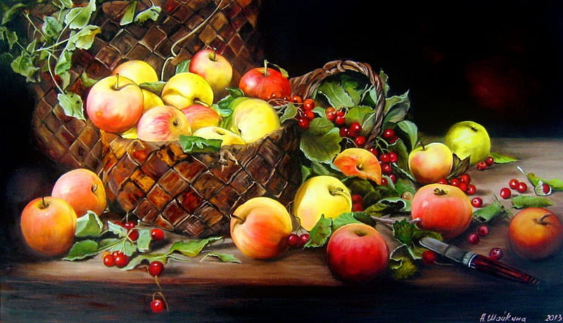 Still life with apples, pretty, art, apples, fruits, bonito, still life, leaves, plenty, basket, painting, HD wallpaper