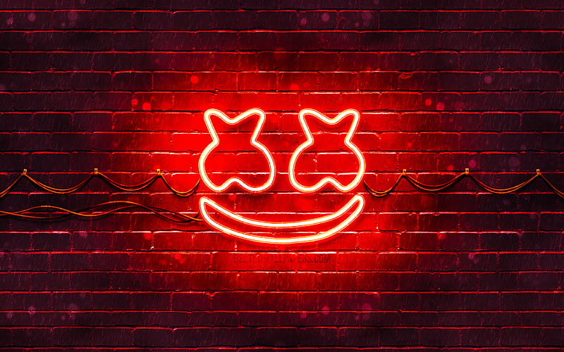 Marshmello red logo superstars, american DJs, red brickwall, Marshmello logo, Christopher Comstock, music stars, Marshmello neon logo, DJ Marshmello, HD wallpaper