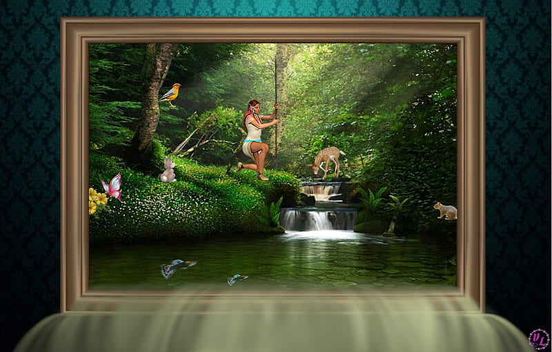Forest Guardian, trees, overflowing frame, fantasy, water, green, waterfall, native, nature, room, frame, animals, frame, manipulation, woods, outdoors, Framed, Digital Creation, forest, Indian Warrior, creek, HD wallpaper