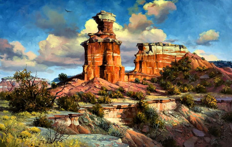 Sandstone Red Rocks, art, bonito, illustration, artwork, red rocks, sandstone, painting, wide screen, scenery, landscape, HD wallpaper