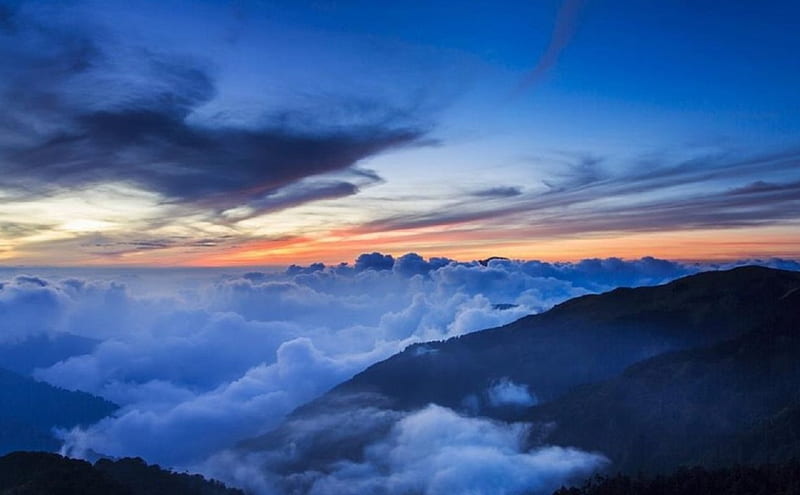 Sunset, clouds, blue, mountains, HD wallpaper