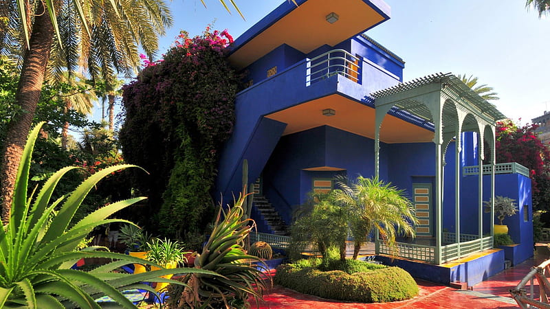 garden in a wonderful home in marrakech morocco, garden, house, blue, palms, HD wallpaper