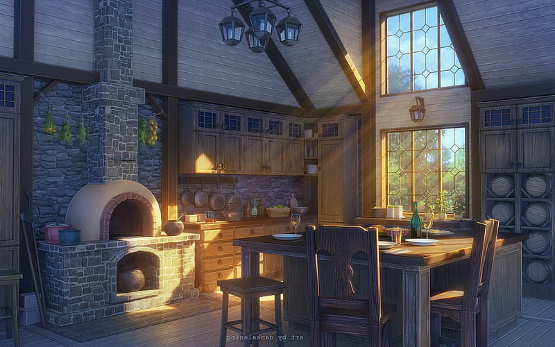 Kitchen, home, interior, anime, HD wallpaper