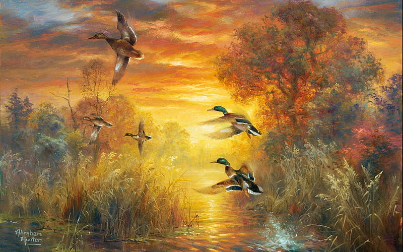 Ducks in Wetlands, water, sunset, artwork, birds, painting, colors, trees, HD wallpaper