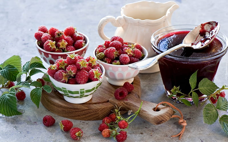 Raspberries and Jam, raspberries, still life, jam, dishes, wooden, HD wallpaper