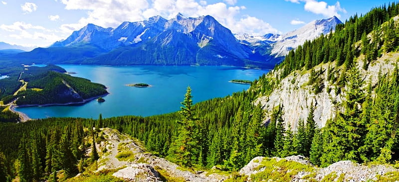 Kananaskis Lakes, Canada, forest, lakes, grass, mountains, summer, bonito, islets, clouds, HD wallpaper