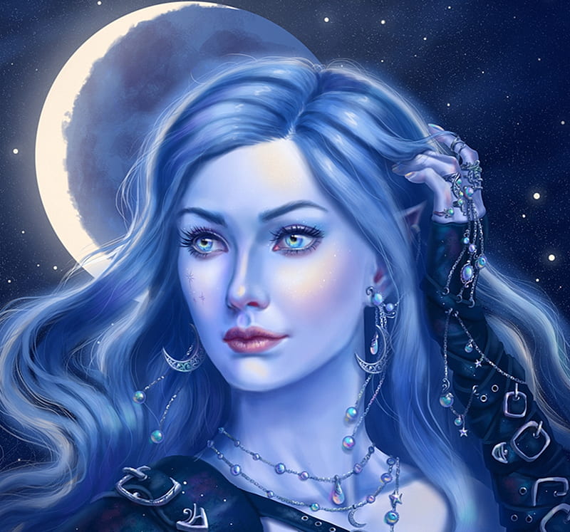 Saerya, moon, girl, face, portrait, art, luminos, shade of stars, moon, fantasy, white, blue, HD wallpaper