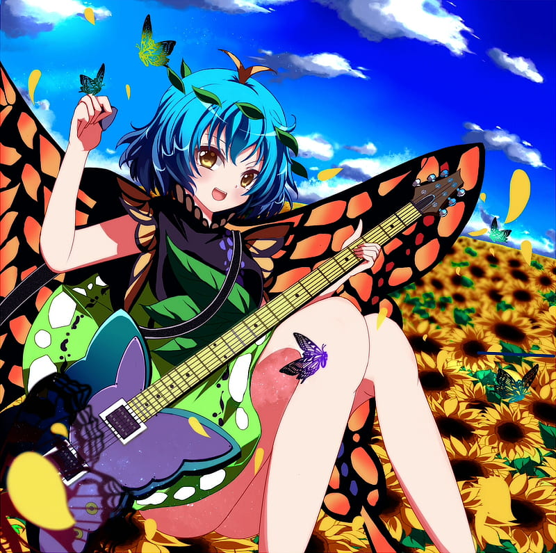 Eternity Larva Rocking The Butterflies, Guitar, Touhou, Anime, Sunflower, Eternity Larva, Smile, Blue Sky, Butterfly, Blushing, Butterfly Girl, Clouds, Blue Hair, Big Eyes, Yellow Eyes, Anime Girl, HD wallpaper