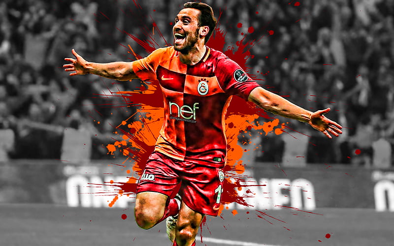Sinan Gumus Turkish football player, Galatasaray, striker, orange red paint splashes, creative art, Turkey, football, HD wallpaper