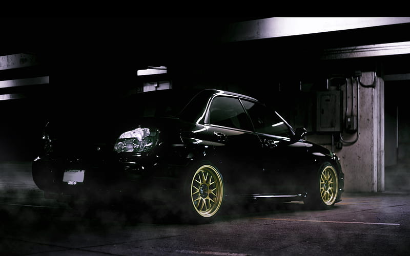 Subaru Impreza WRX STI, tuning, smoke, parking, black impreza, Subaru, HD wallpaper